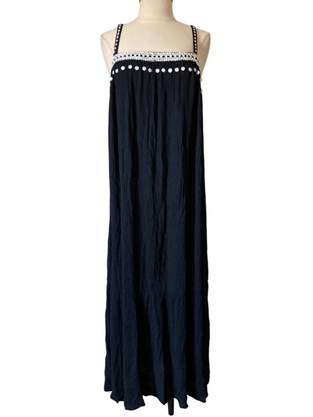 New Look Black Maxi Dress White Beaded Crochet Trim Gauze Boho Size 8 NWT
